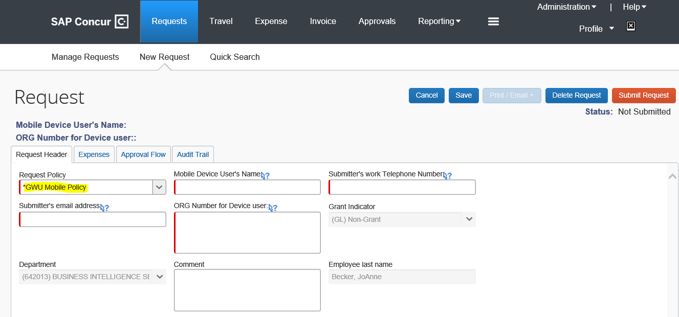 GW Mobile Request - Concur Screenshot Step #1