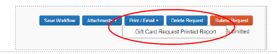 Gift Card Request Printed Report selection screen