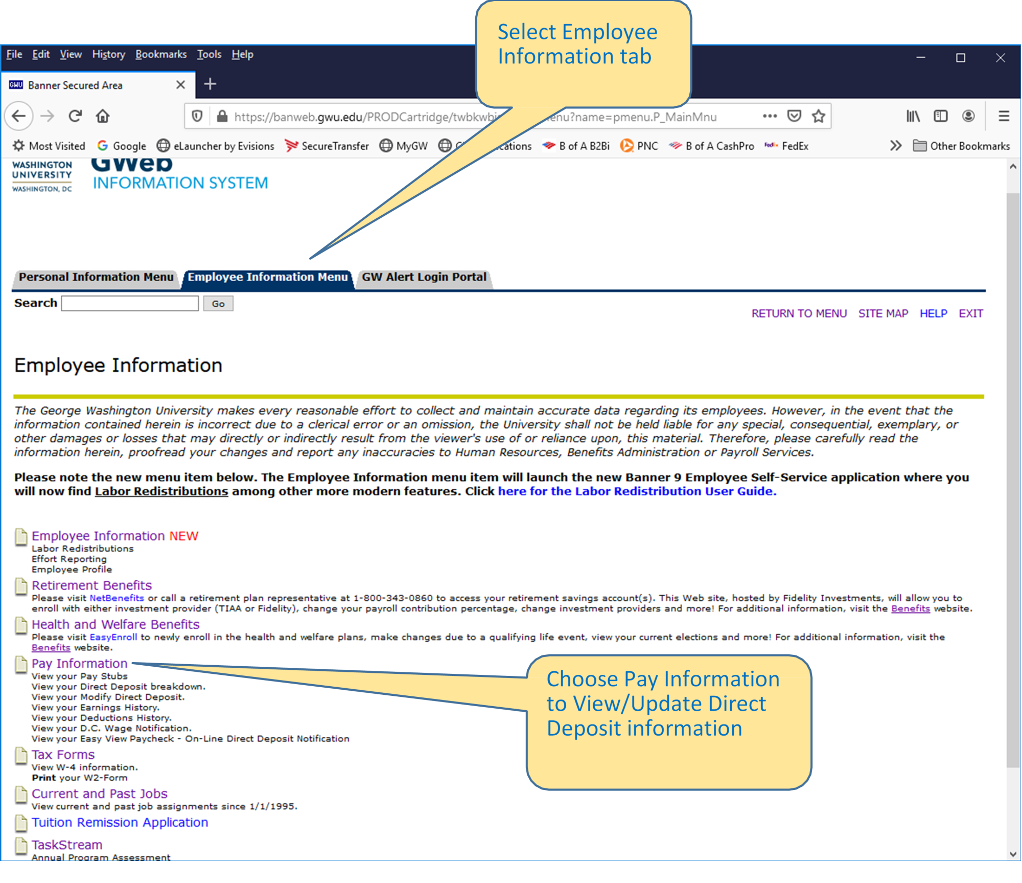 Employee information tab in GWeb Information System