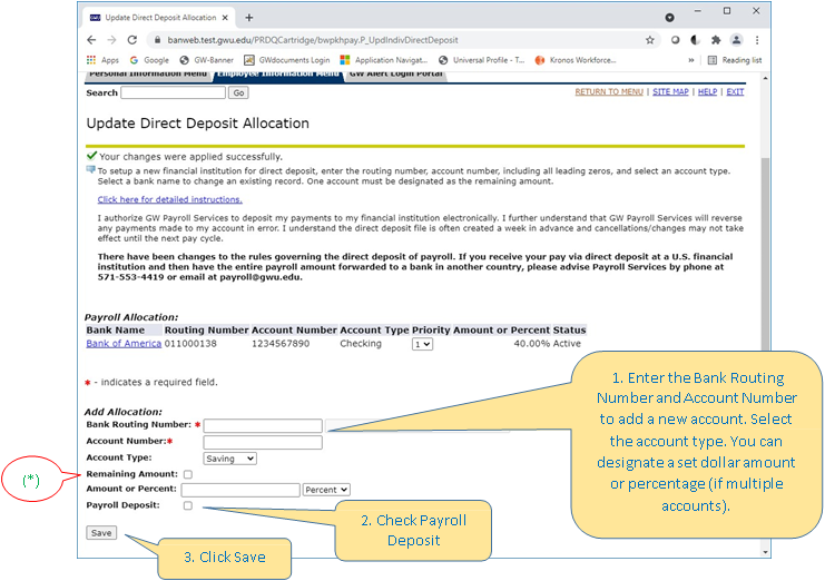 Fields to complete on direct deposit information screen